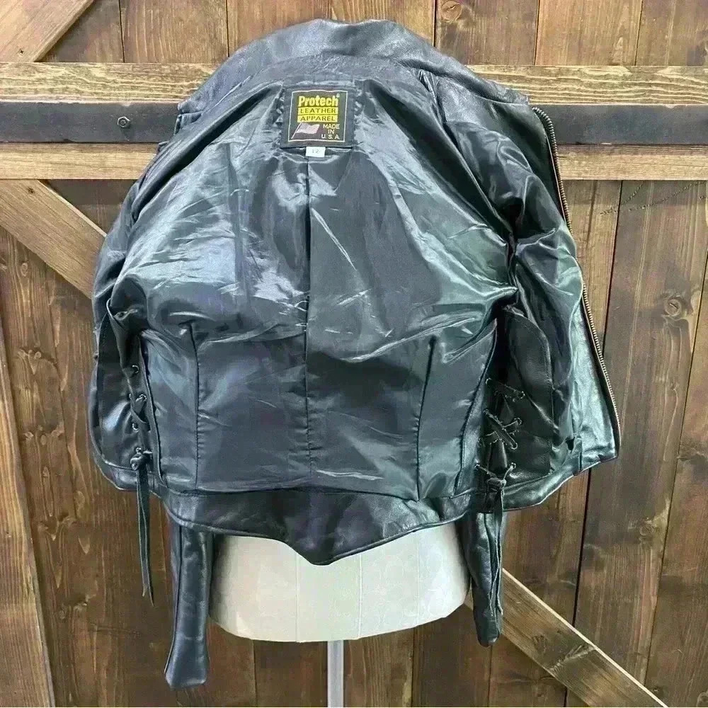 PROTECH Vintage Motorcycle Jacket Black Leather Fringed with Red Roses Size 12 - Picture 7 of 7